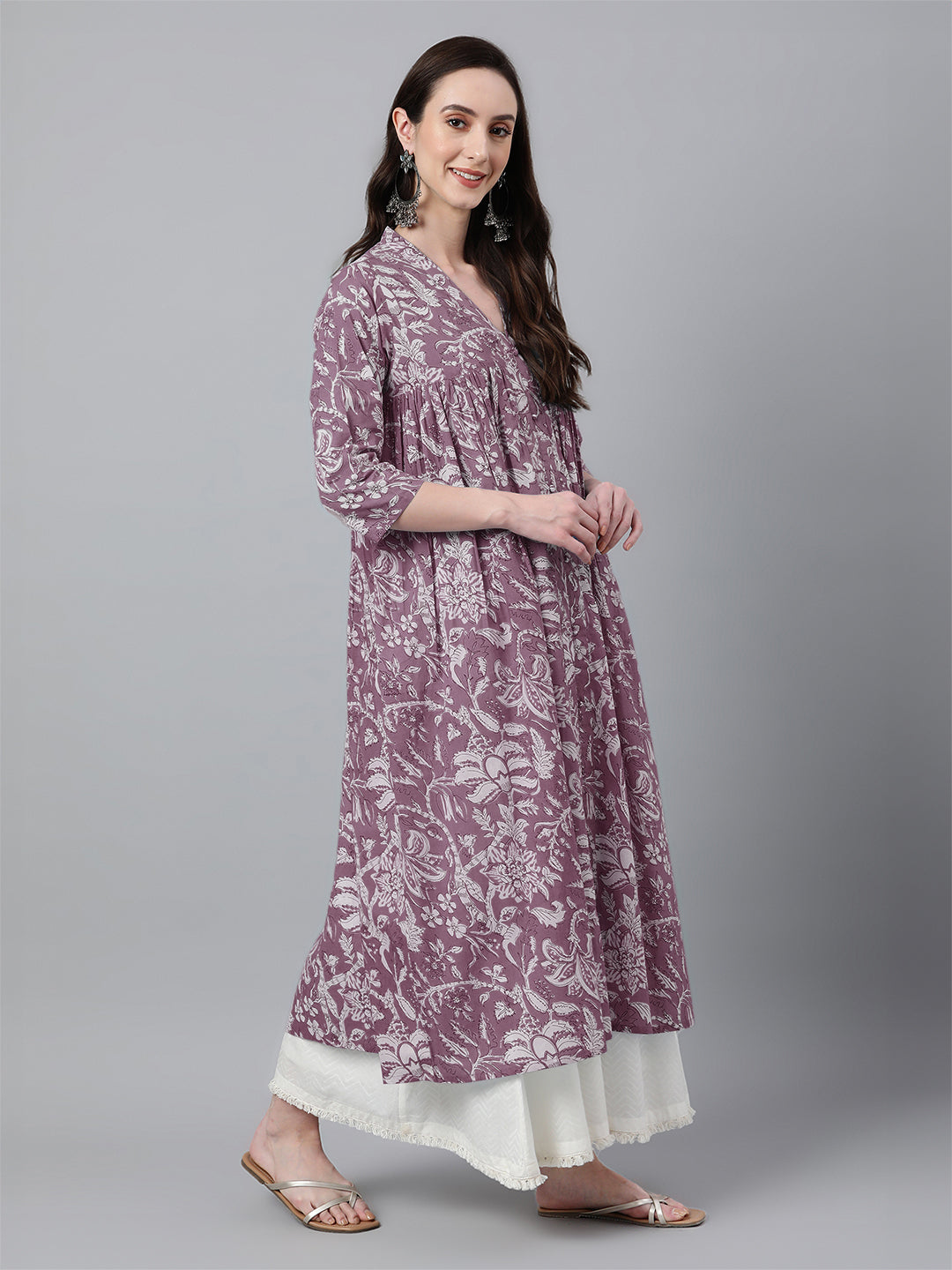 Janasya Light Cotton Floral Flared Kurta