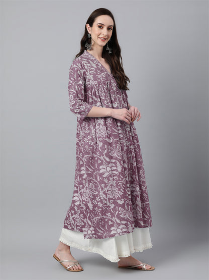 Janasya Light Cotton Floral Flared Kurta - Distacart