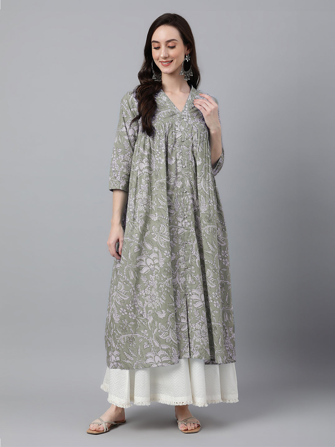 Janasya Light Cotton Floral Flared Kurta