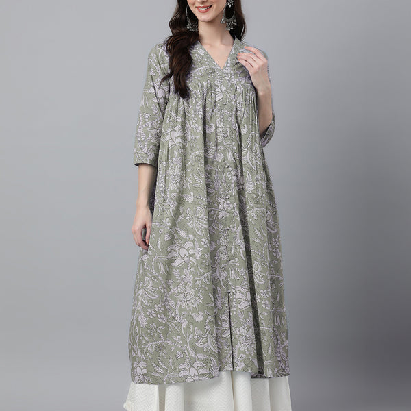 Janasya Light Cotton Floral Flared Kurta