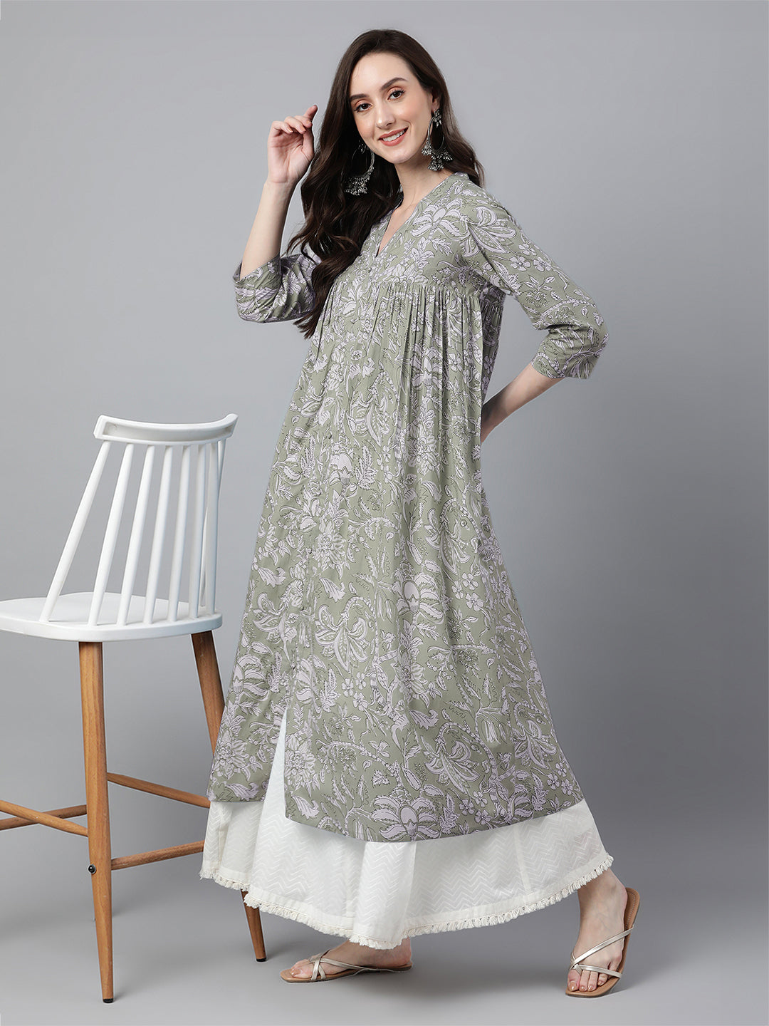 Janasya Light Cotton Floral Flared Kurta