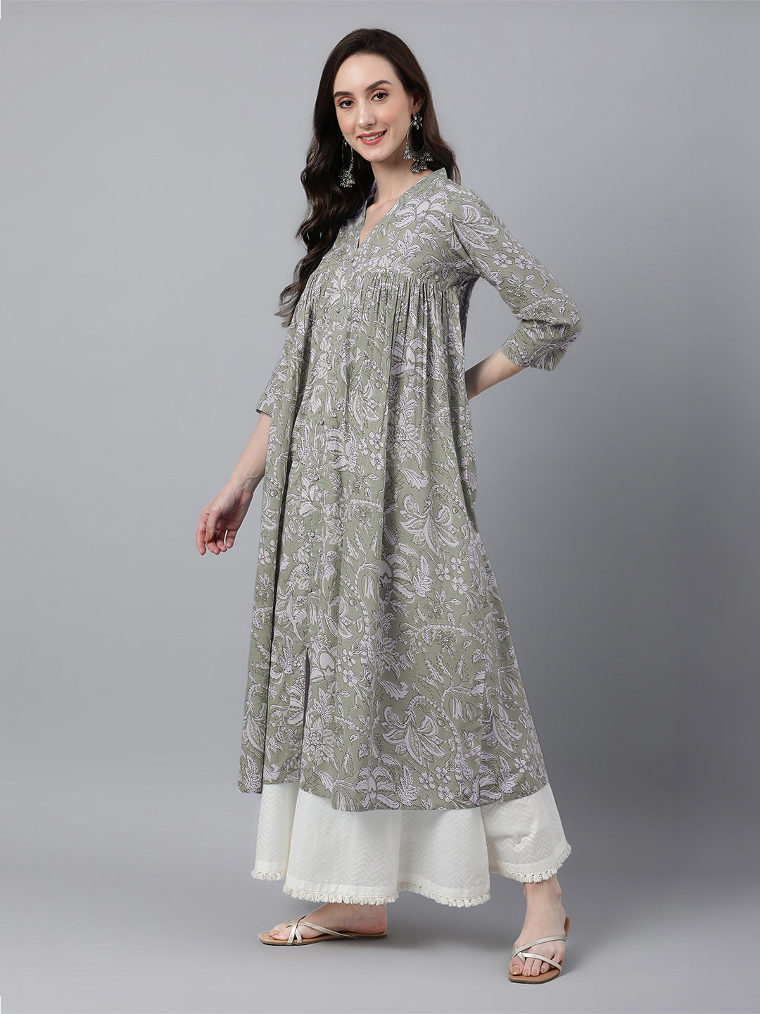 Janasya Light Cotton Floral Flared Kurta
