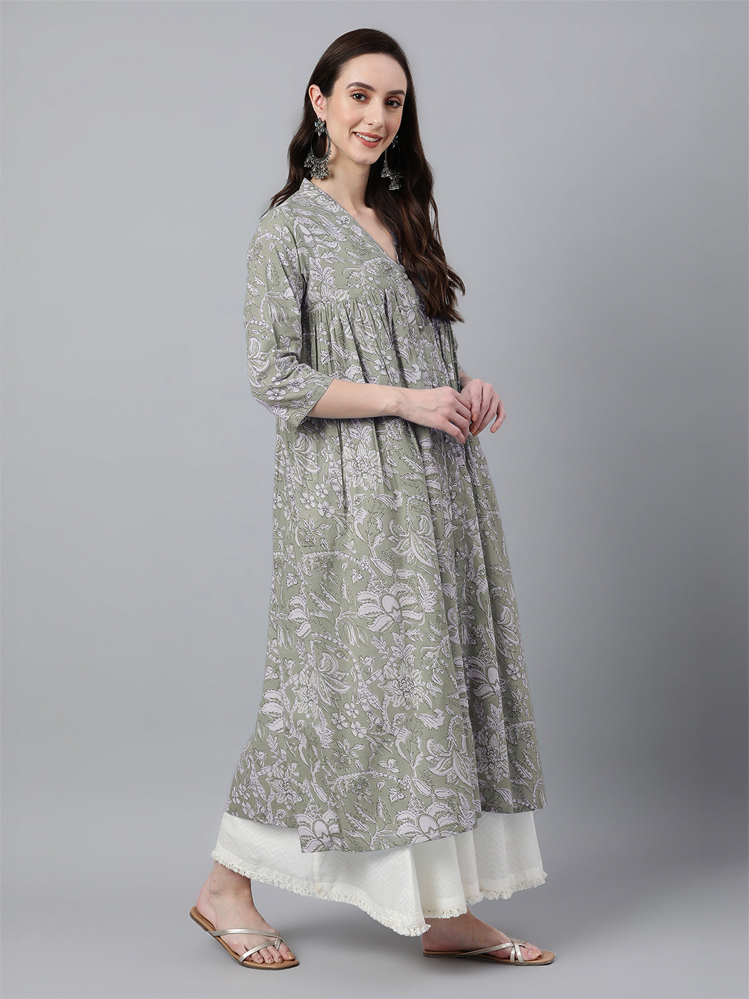 Janasya Light Cotton Floral Flared Kurta