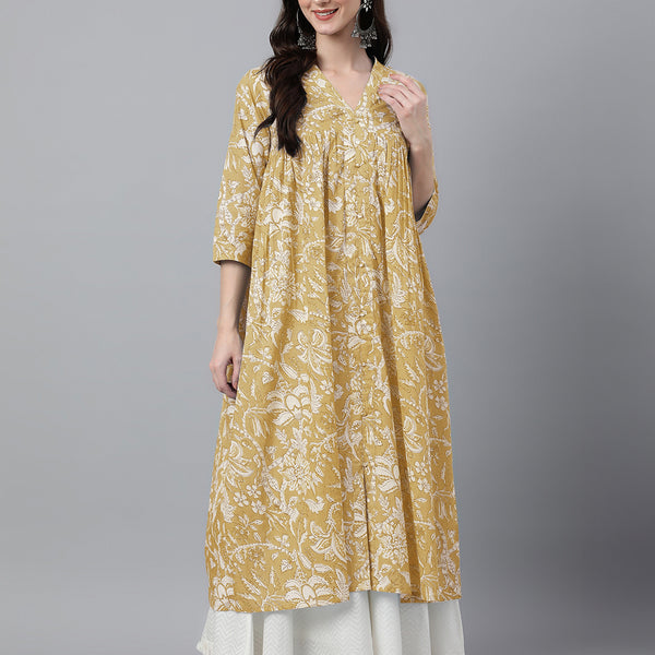 Janasya Light Cotton Floral Flared Kurta