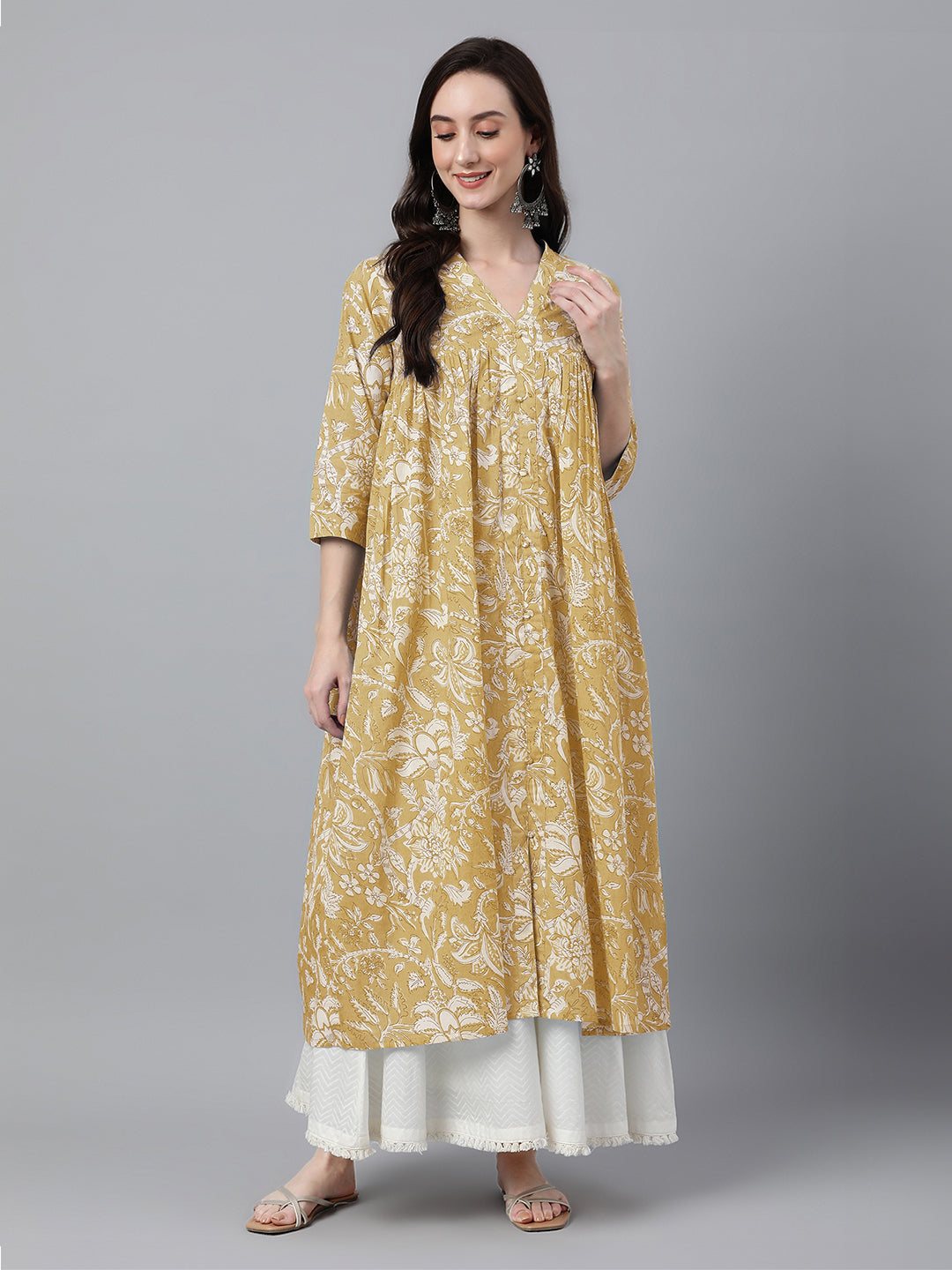 Janasya Light Cotton Floral Flared Kurta - Distacart