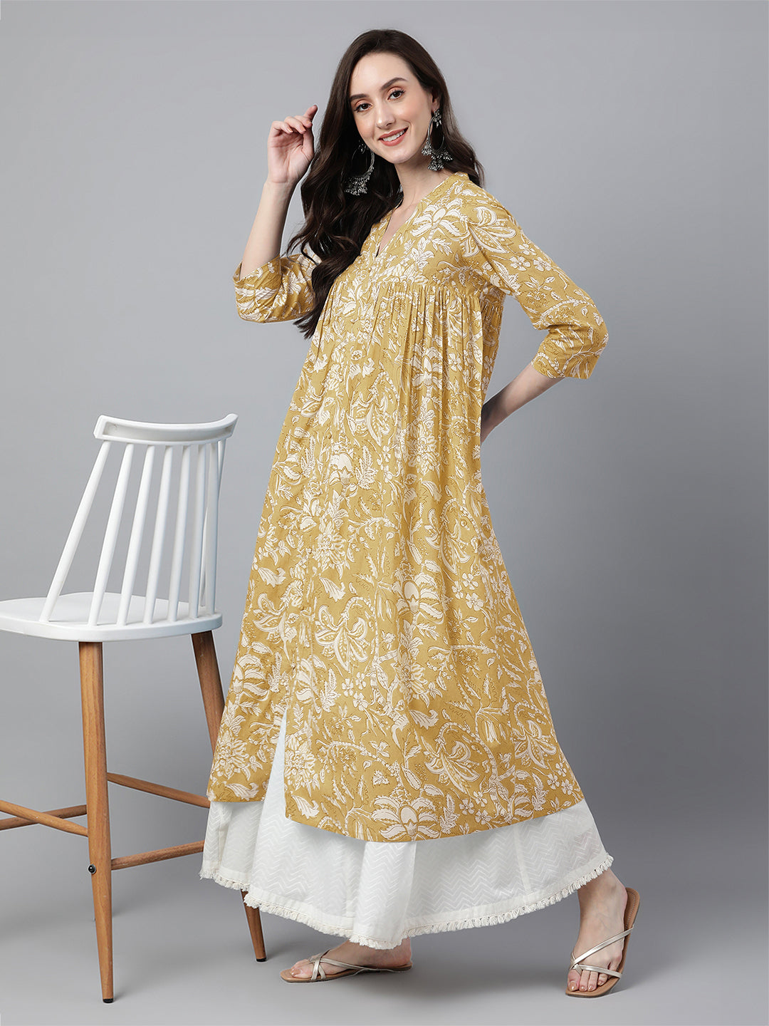 Janasya Light Cotton Floral Flared Kurta