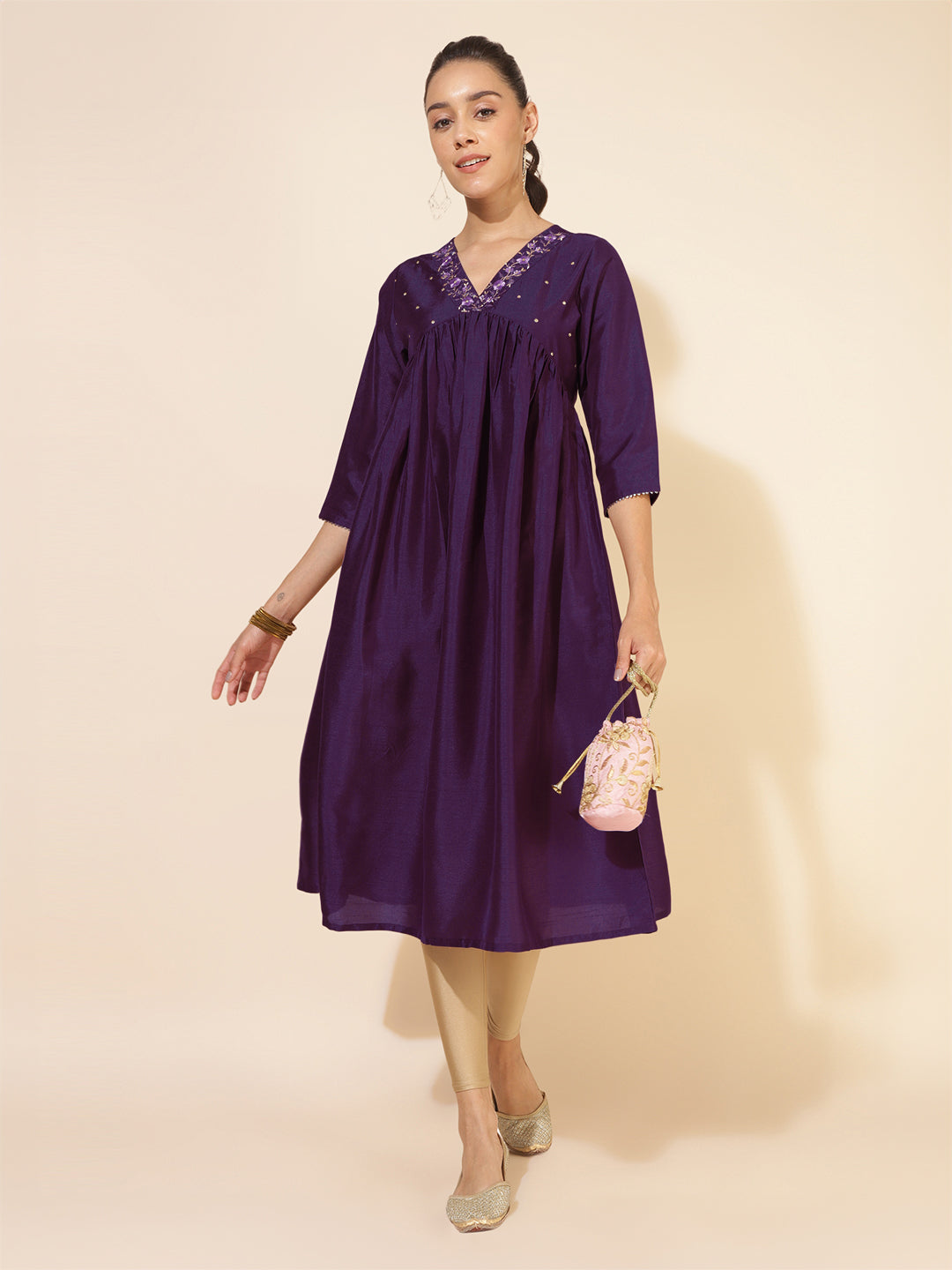 Janasya Dark Silk Blend Yoke Embroidery A-Line Kurta