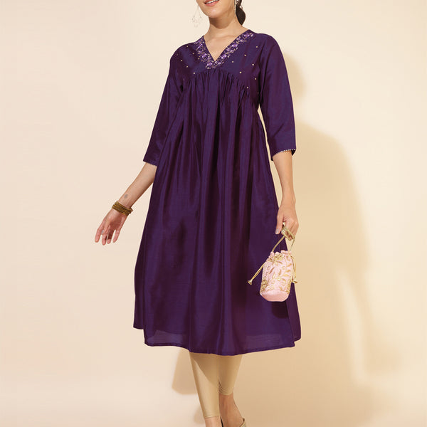 Janasya Dark Silk Blend Yoke Embroidery A-Line Kurta