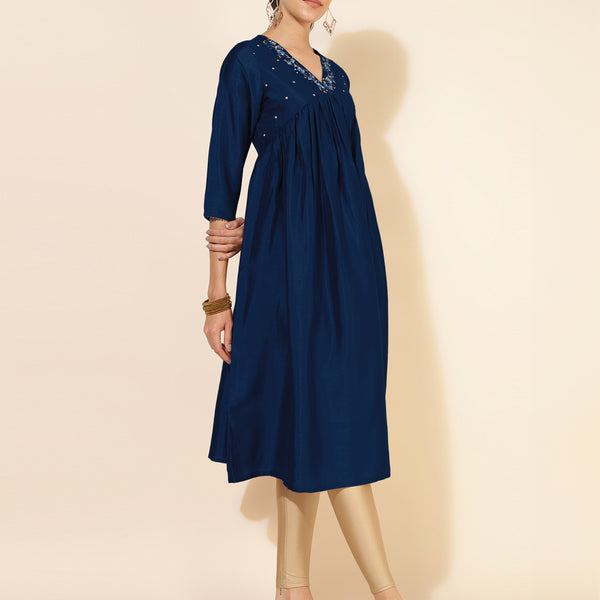 Janasya Dark Silk Blend Yoke Embroidery A-Line Kurta