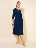 Thumbnail for Janasya Dark Silk Blend Yoke Embroidery A-Line Kurta