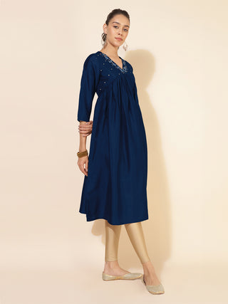 Janasya Dark Silk Blend Yoke Embroidery A-Line Kurta