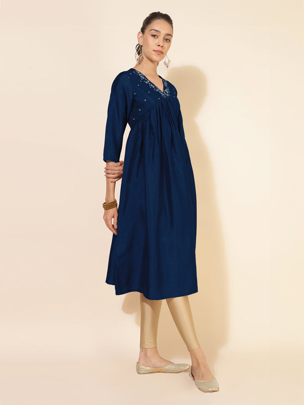 Janasya Dark Silk Blend Yoke Embroidery A-Line Kurta