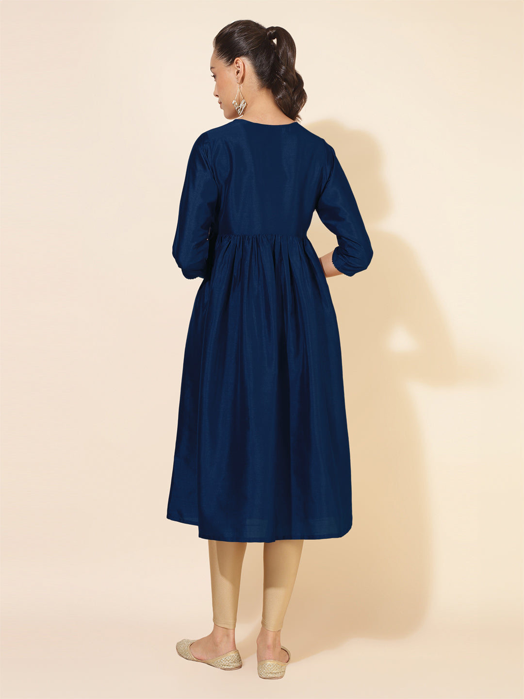 Janasya Dark Silk Blend Yoke Embroidery A-Line Kurta