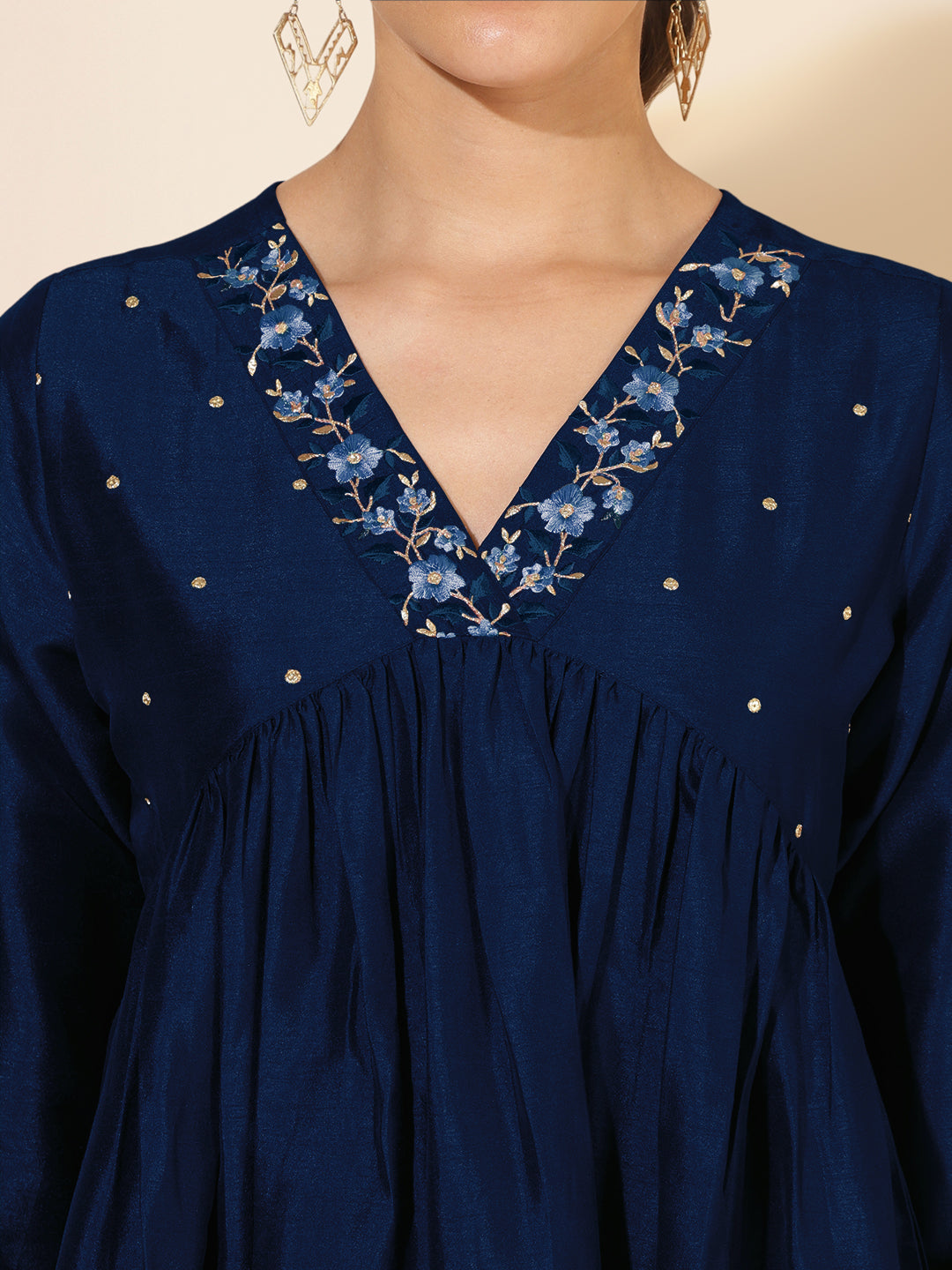 Janasya Dark Silk Blend Yoke Embroidery A-Line Kurta