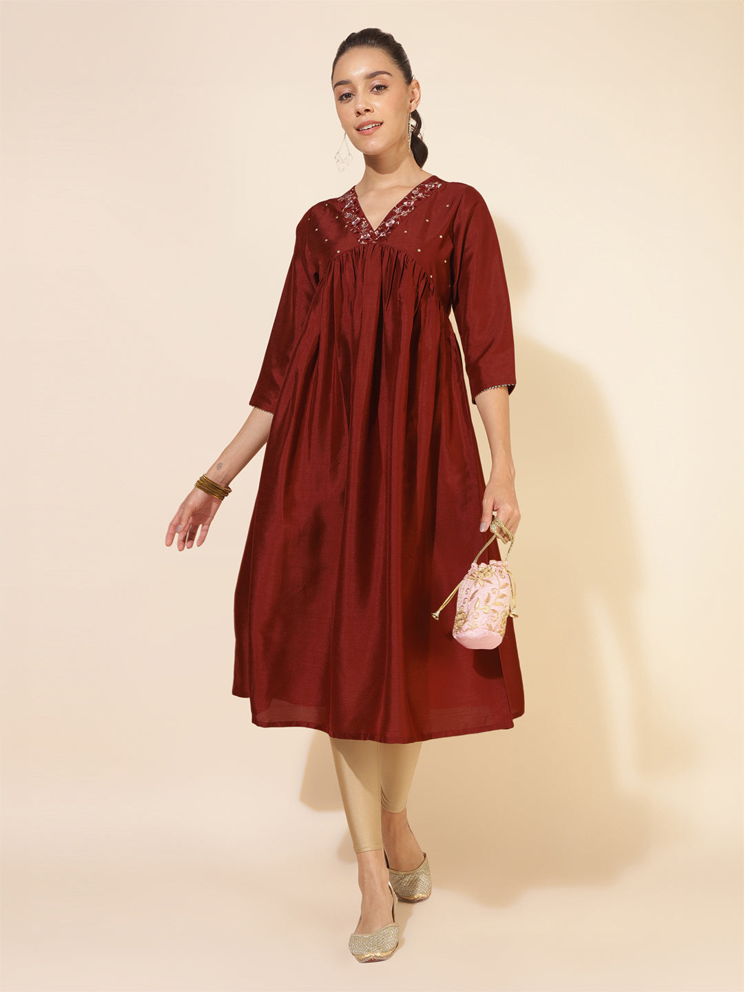 Janasya Dark Silk Blend Yoke Embroidery A-Line Kurta