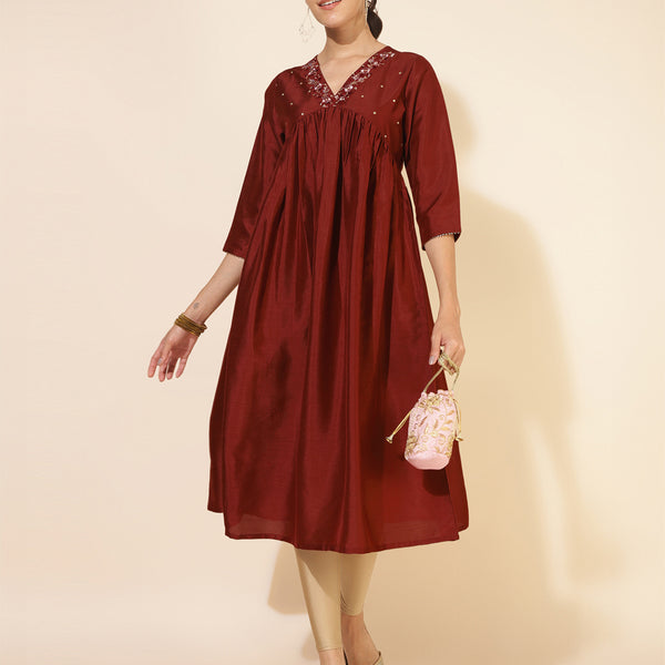 Janasya Dark Silk Blend Yoke Embroidery A-Line Kurta