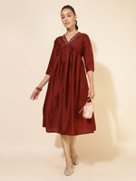 Thumbnail for Janasya Dark Silk Blend Yoke Embroidery A-Line Kurta