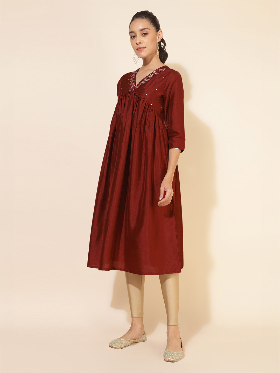 Janasya Dark Silk Blend Yoke Embroidery A-Line Kurta