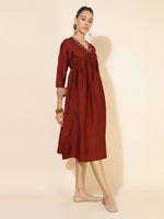 Thumbnail for Janasya Dark Silk Blend Yoke Embroidery A-Line Kurta