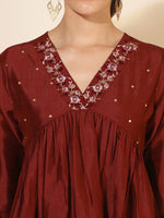 Thumbnail for Janasya Dark Silk Blend Yoke Embroidery A-Line Kurta