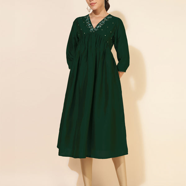 Janasya Dark Silk Blend Embroidered A-Line Kurta