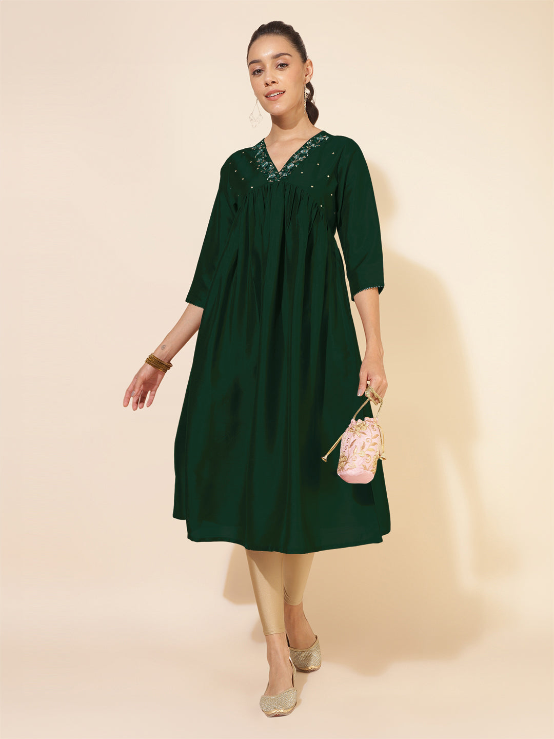 Janasya Dark Silk Blend Embroidered A-Line Kurta - Distacart
