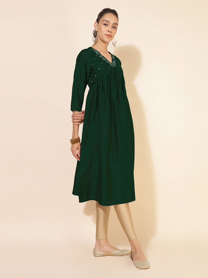 Janasya Dark Silk Blend Embroidered A-Line Kurta - Distacart