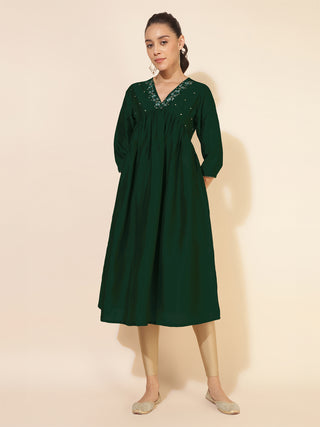 Janasya Dark Silk Blend Embroidered A-Line Kurta