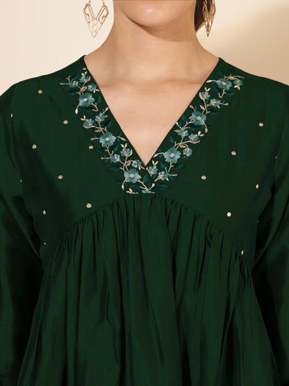 Janasya Dark Silk Blend Embroidered A-Line Kurta - Distacart