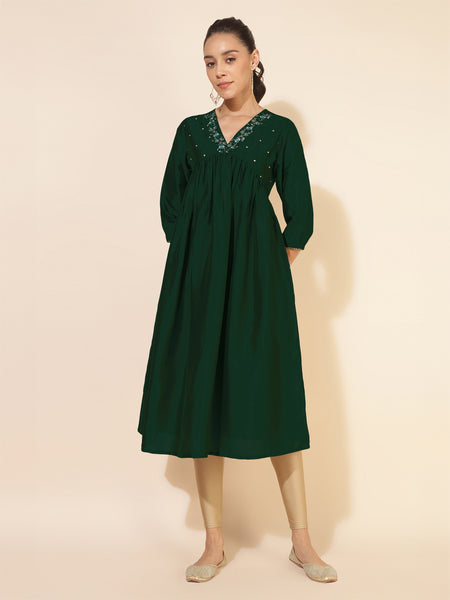 Janasya Dark Silk Blend Embroidered A-Line Kurta