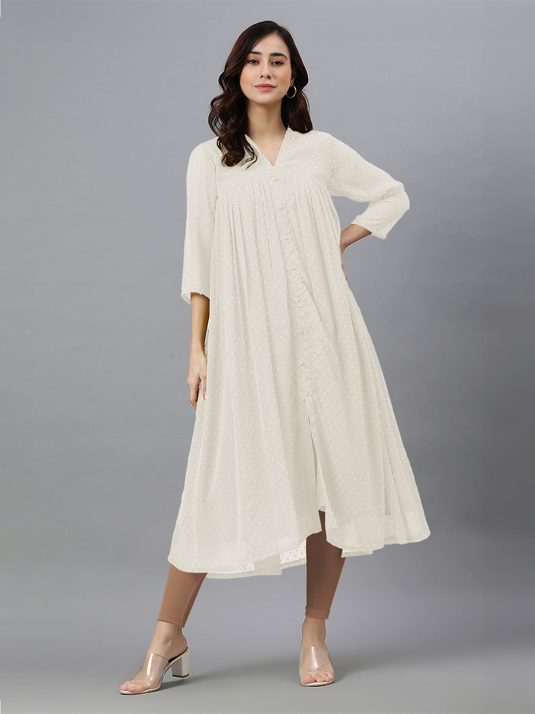 Janasya Light Dobby Chiffon Self Design Flared Kurta - Distacart