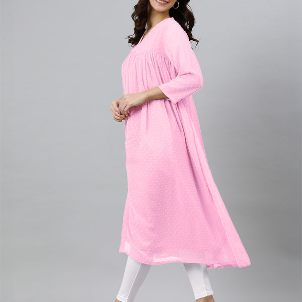 Janasya Light Dobby Chiffon Self Design Flared Kurta