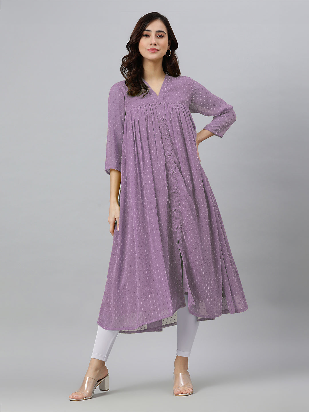 Janasya Light Dobby Chiffon Solid Flared Kurta