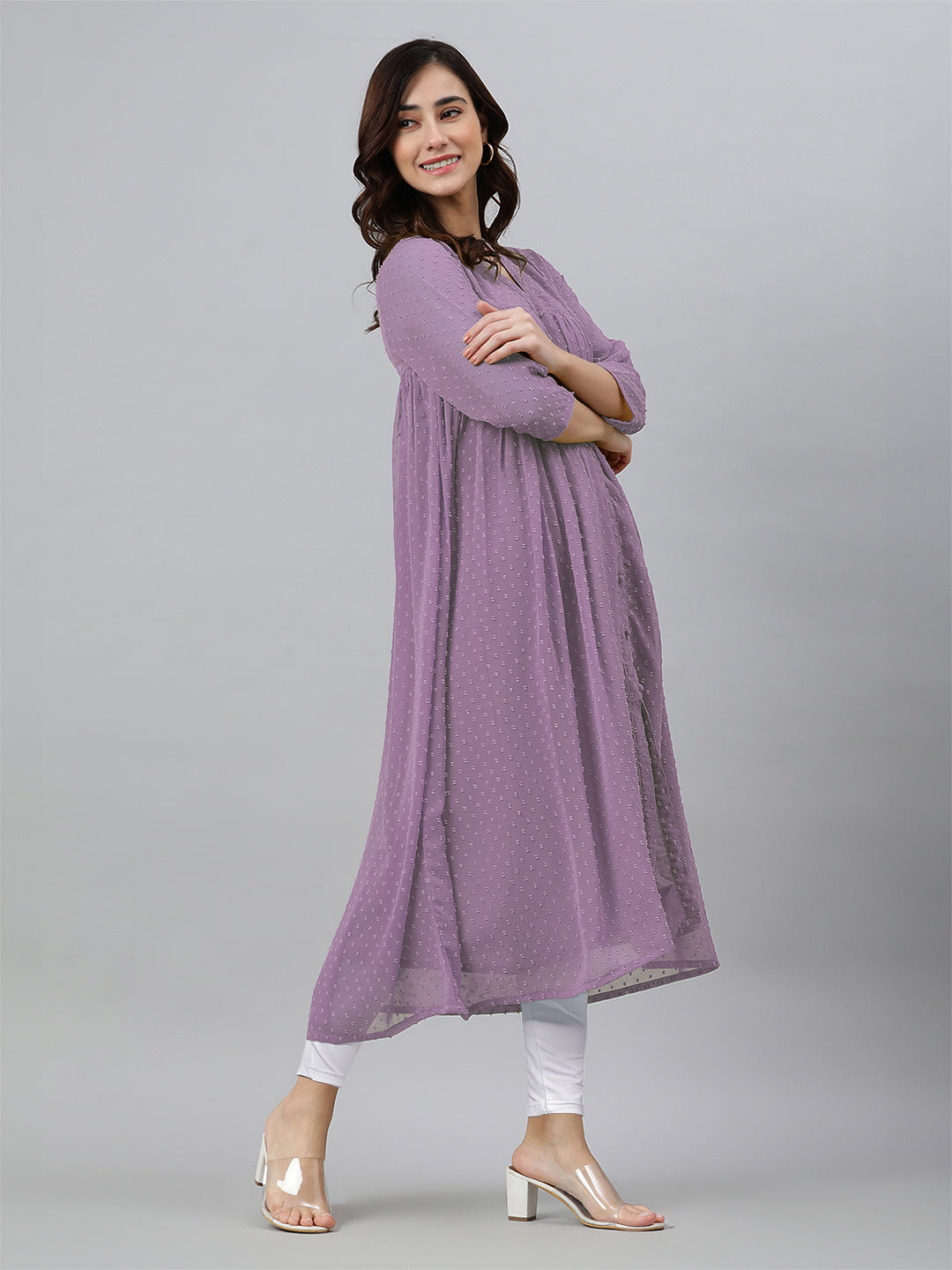 Janasya Light Dobby Chiffon Solid Flared Kurta