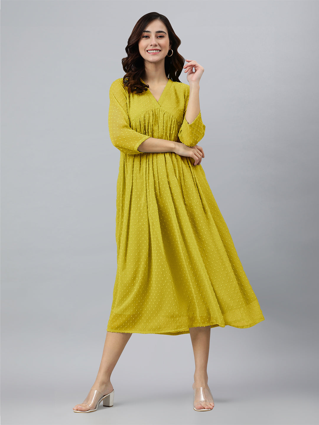 Janasya Bright Dobby Chiffon Self Design Flared Kurta