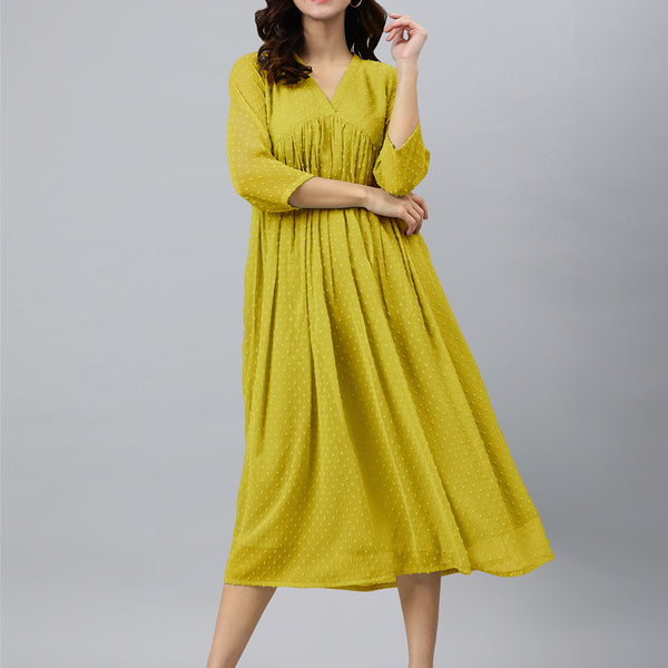 Janasya Bright Dobby Chiffon Self Design Flared Kurta