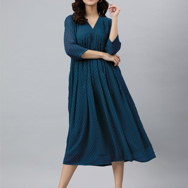 Janasya Bright Dobby Chiffon Self Design Flared Kurta