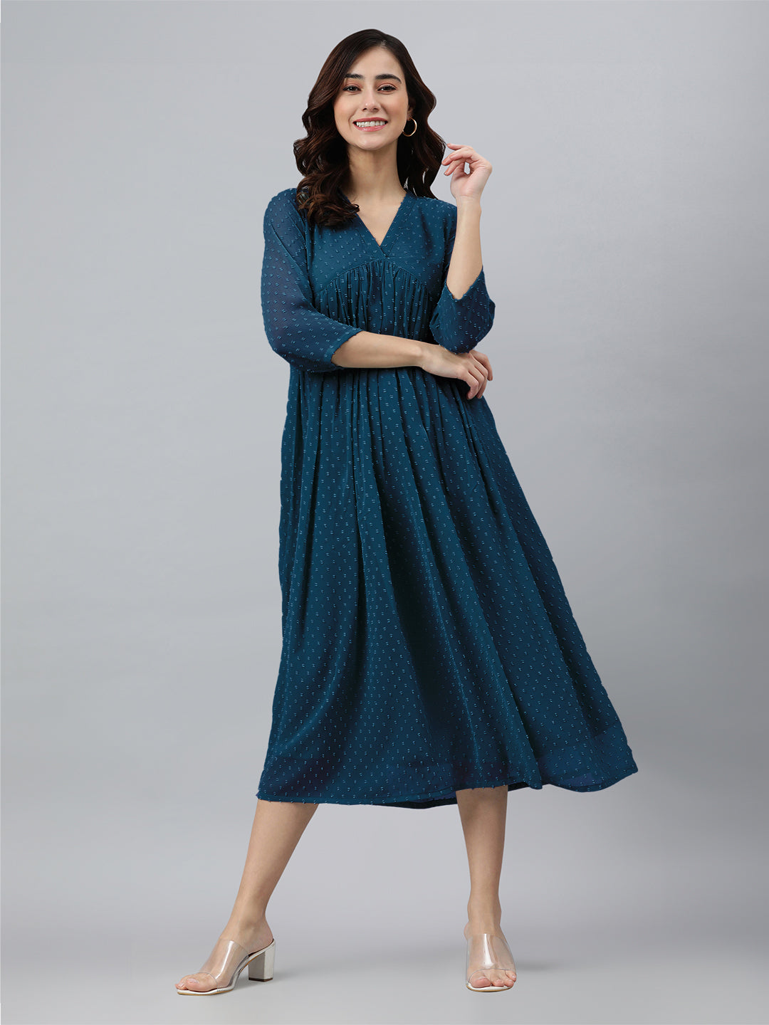 Janasya Bright Dobby Chiffon Self Design Flared Kurta - Distacart