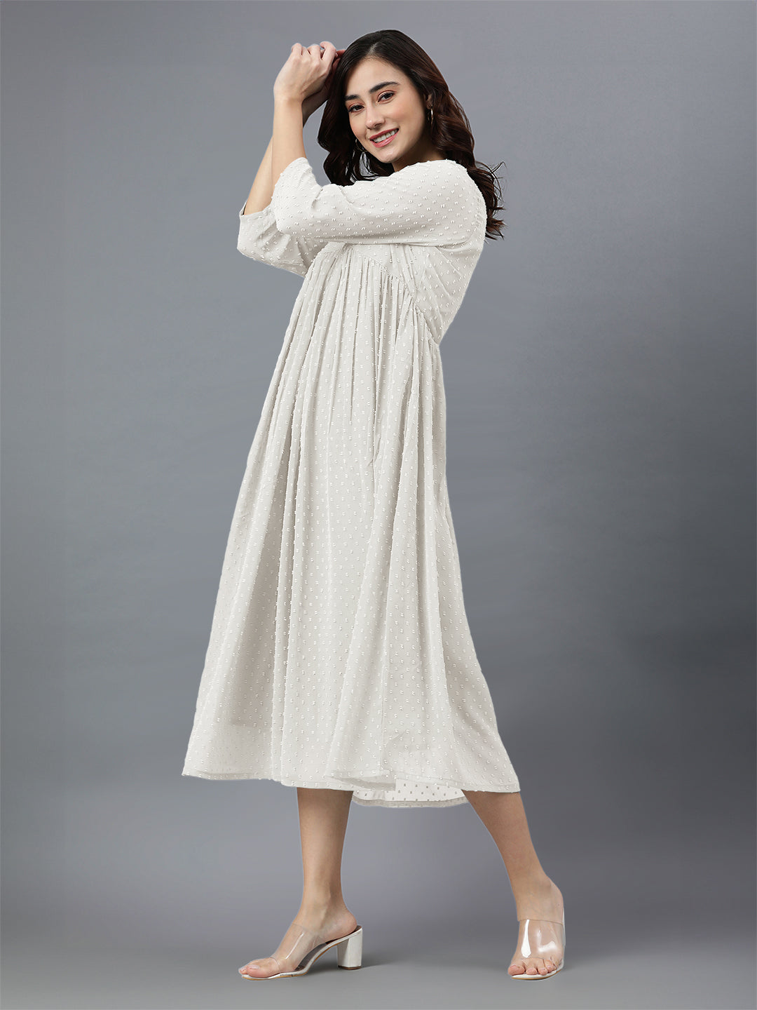 Janasya Bright Dobby Chiffon Self Design Flared Kurta