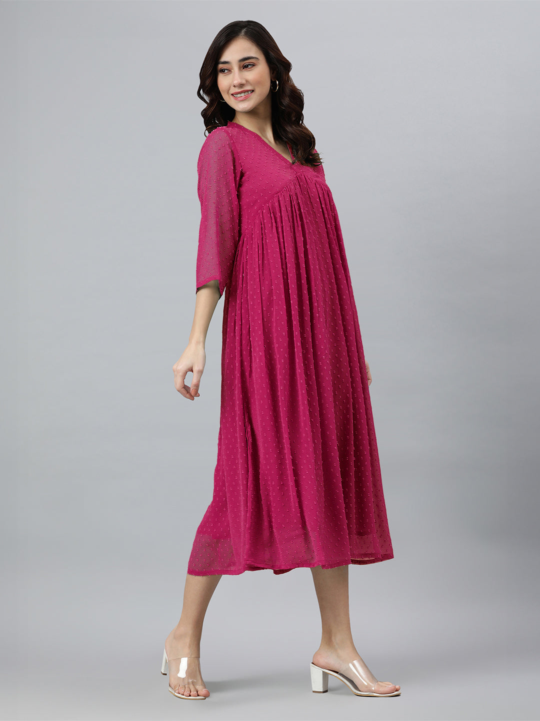 Janasya Bright Dobby Chiffon Self Design Flared Kurta