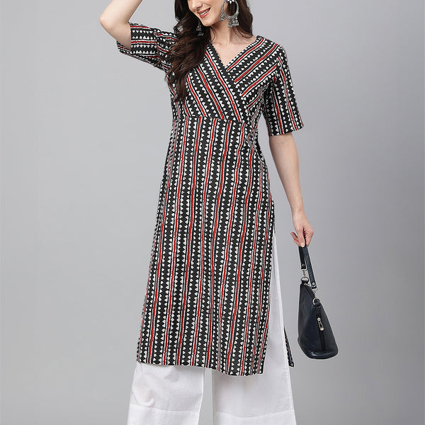Janasya Dark Cotton Geometric Straight Kurta