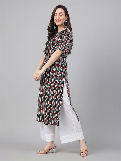 Janasya Dark Cotton Geometric Straight Kurta - Distacart