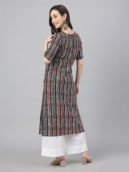 Janasya Dark Cotton Geometric Straight Kurta - Distacart