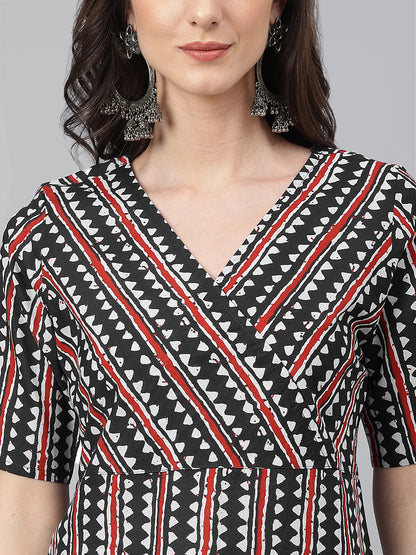 Janasya Dark Cotton Geometric Straight Kurta - Distacart