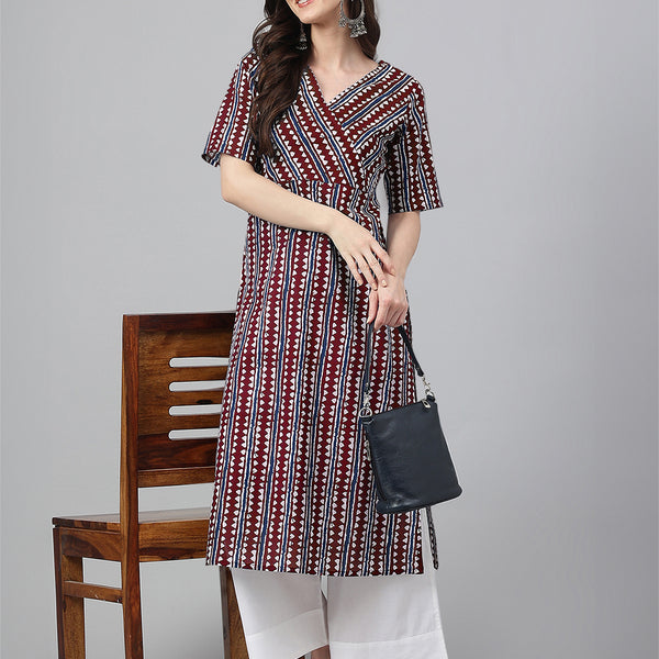 Janasya Dark Cotton Geometric Straight Kurta