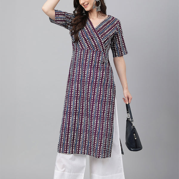 Janasya Dark Cotton Geometric Straight Kurta