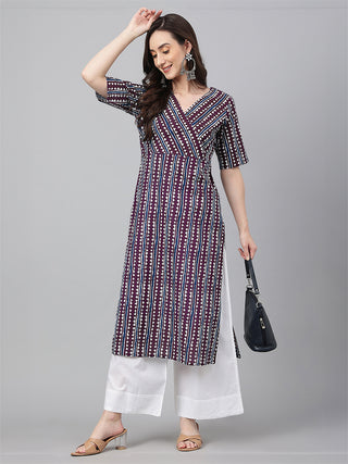 Janasya Dark Cotton Geometric Straight Kurta