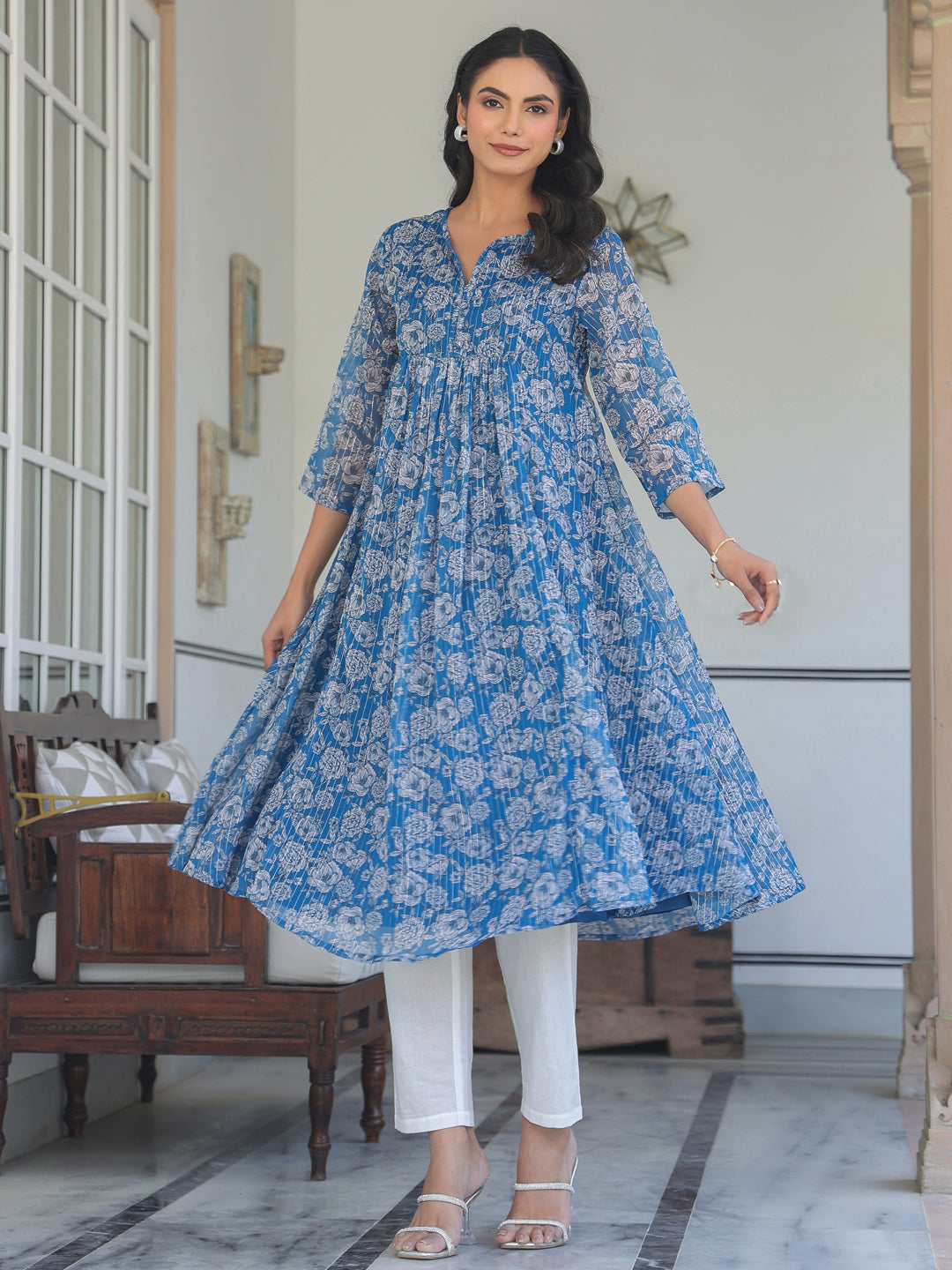 Janasya Dark Chiffon Floral A-Line Kurta