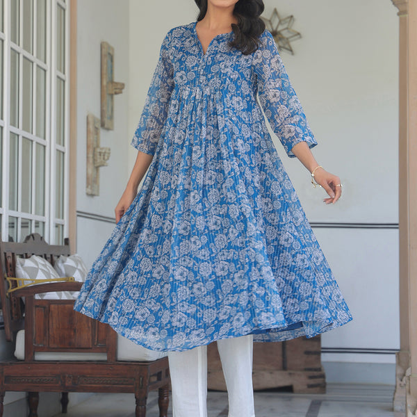 Janasya Dark Chiffon Floral A-Line Kurta - Distacart