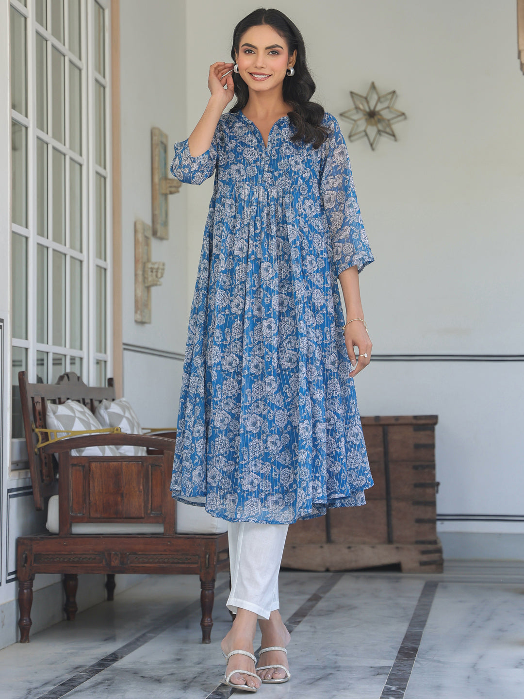 Janasya Dark Chiffon Floral A-Line Kurta